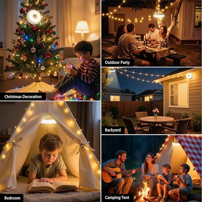 Camping String Lights, 4 in 1 Portable Camping Light Rechargeable, 8 Lighting Modes, USB Charging, Quick Storage, 32.8FT Waterproof Tent Lights String for Camping, Hiking, Yard, Christmas