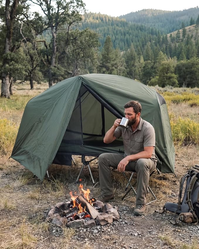 Gonex Camping Tent Cot for Adults, 1-Person Off-Ground Folding Portable Easy Set-up Tent Cot Combo Supports 350lbs for Hiking, Backpacking, Car & Motorcycle Camping(31.5" W X 78.7" L)-Army Green