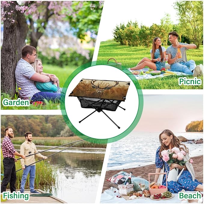 Antler Deer Portable Folding Camping Table, Compact Lightweight Beach Table with Carrying Bag for Outdoor Picnics, BBQs, Camp