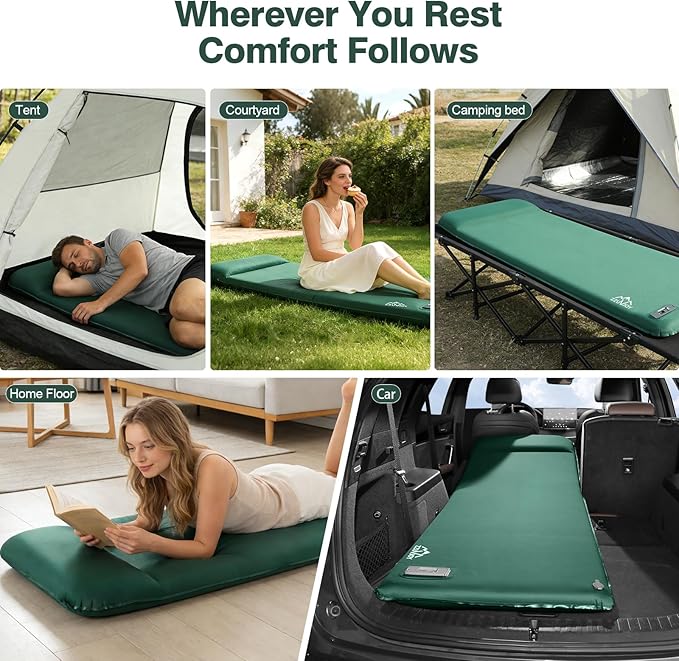 Self Inflating Sleeping Pad with Electric Pump, 3.15" Ultra-Thick Memory Foam Sleeping Mat with Pillow, 4-Season Camping Mattress with Pillow for Tent Car Travel
