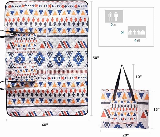 Outdoor Packable Picnic Blanket with Zipper Folds into Tote Bag with Large Storage and Shoulder Strap, Waterproof Sandproof for Lawn Beach Hiking Camping (colorful1, Small)