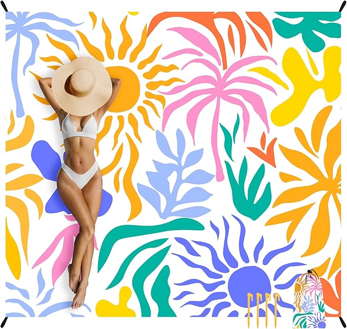 Beach Blanket Waterproof Sandproof Oversized, 110''×118'' Extra Large Beach Mat Sand Free, Lightweight Compact Foldable Picnic Blanket w/ 4 Stakes & Pockets for Camping, Travel, Beach Accessories