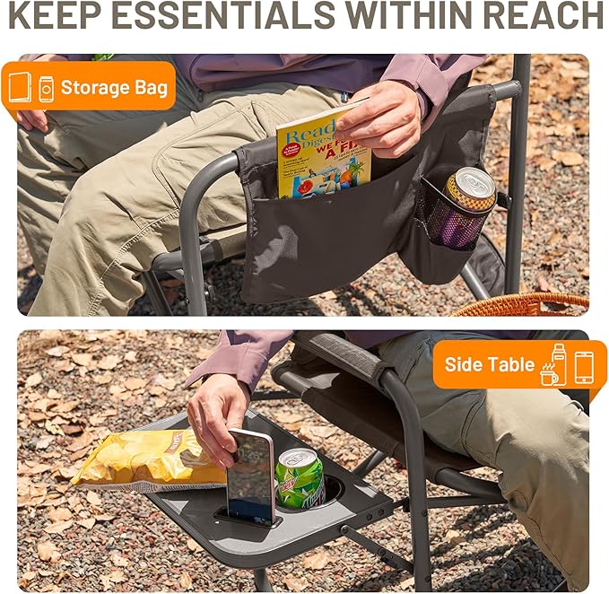 TIMBER RIDGE XXL Director’s Chair – Heavy Duty Folding Chair with Side Table, 500 lb Capacity, Extra Wide Padded Seat for Camping, Sports, Beach, Patio, and Outdoor Use, Tan-2 Pack