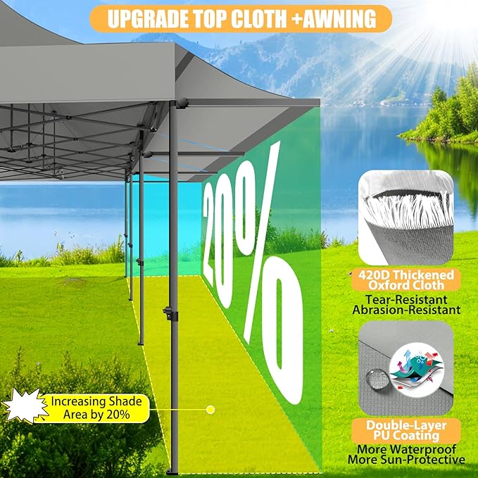 COBIZI 10x30 Pop Up Canopy Tent with Awning,Heavy Duty Canopy UPF 50+ All Season Wind Waterproof Commercial Outdoor Street Vendors Party Tents for Parties Canopy with Roller Bag(10 x 30 ft Gray)