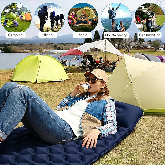 SNZ Camping Sleeping Pad, Ultralight Camping Mat with Pillow, Built-in Foot Pump Inflatable Sleeping Pads Compact for Backpacking, Tent, Travel, Outdoor Activities (Single)