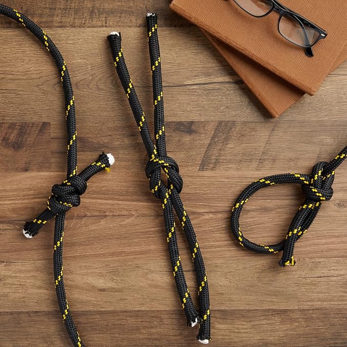 Diamond Braided Rope - 1/2 in x 100 ft, Black & Yellow - Polyester Heavy Duty Rope for Camping, Outdoor Gear & Emergency Tent Setup
