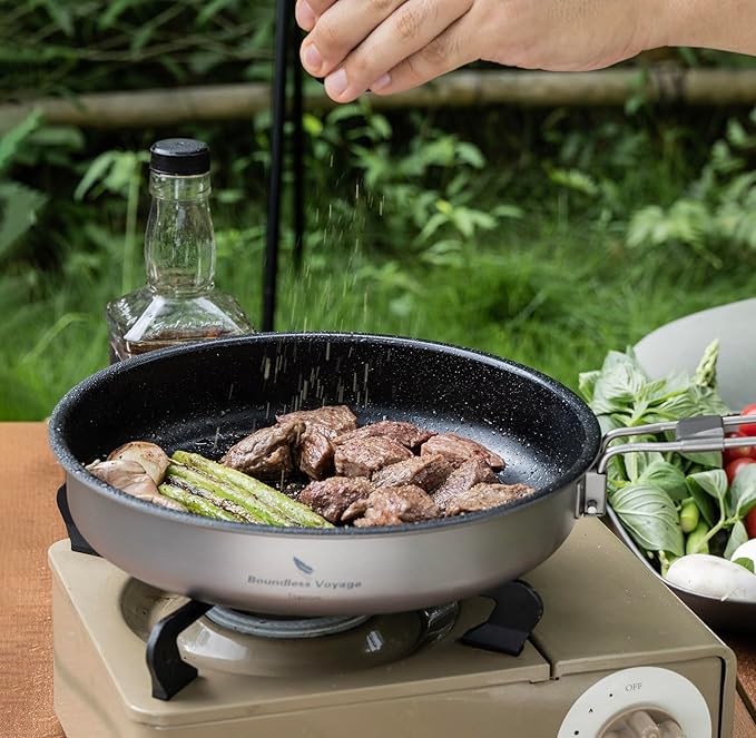 Boundless Voyage Titanium Non-Stick Frying Pan Outdoor Camping Skillet with Folding Handle Lightweight Campfire Cookware
