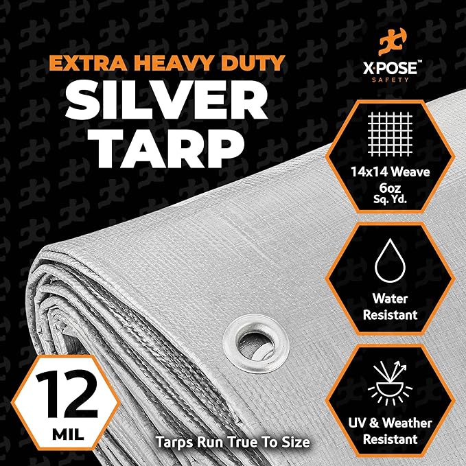 Heavy Duty Silver Poly Tarp 10' X 15' - Multipurpose Protective Cover - Durable, Waterproof, Weather Proof, Rip and Tear Resistant - Extra Thick 12 Mil Polyethylene - by Xpose Safety