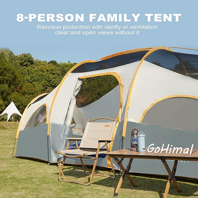 8 Person Tent for Camping, Waterproof Windproof Family Tent with Rainfly, Divided Curtain Design for Privacy Space, Portable with Carry Bag