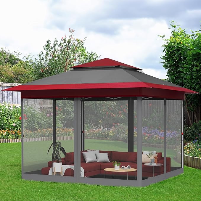 TLSUNNY 11' X 11' Gazebo, Pop Up Outdoor Canopy Tent W/4 Mesh Walls & Wheeled Bag, Screened Shelter with Netting, One-Person Set Up, Height Adjustable, for Patio, Yard, Party, Garden(Burgundy)