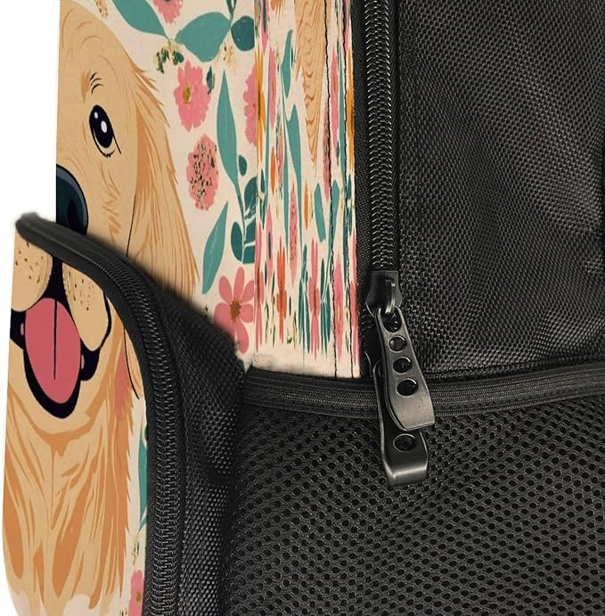 Rucksacks Polyester Anti-Theft Multipurpose Golden Retriever Floral Dogs Carry On Bag Large Capacity Gym Outdoor Hiking Backpack With Smooth Zippers
