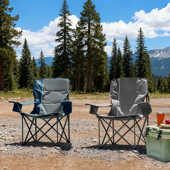 TIMBER RIDGE Oversized Folding Camping Chair for Adults, Support 550 LBS Heavy Duty with Cup Holder Side Pocket for Camping, Lawn, Picnic, 2 Pack(Grey)