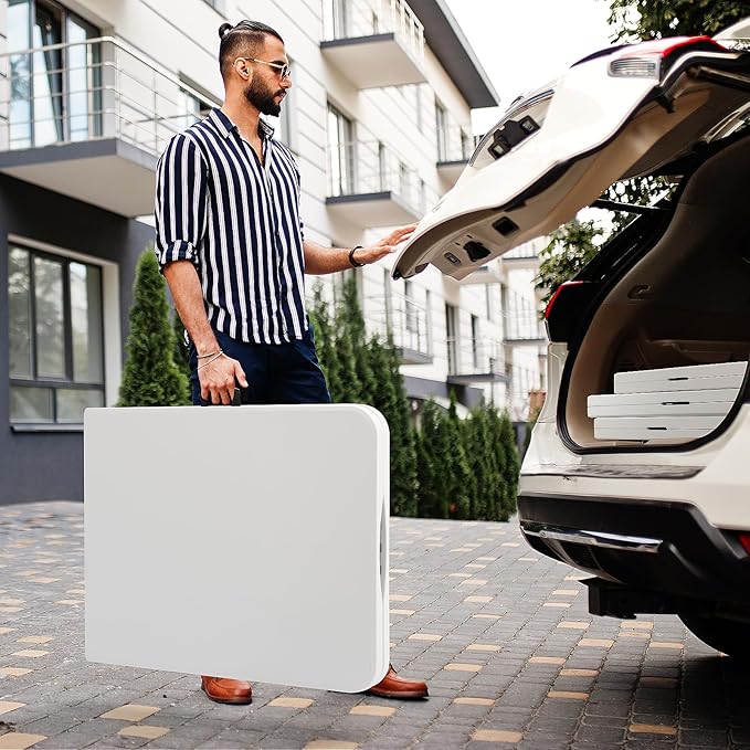 SKOK 330lbs Folding Picnic Table 6 Foot, 6FT White Plastic Picnic Table Portable with Carry Handle, White Tailgating Utility Commercial Craft Table with Heavy Duty Frame for Party