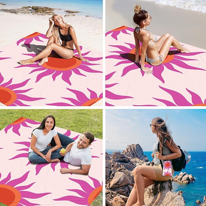 Large Beach Blanket Waterproof Sandproof, 9×10 FT Beach Mat Sand Free for 2-8 Adults with Stakes and Sand Pocket, Foldable Picnic Blankets for Outdoor, Camping Hiking, Vacation Essentials-Boho Sunset