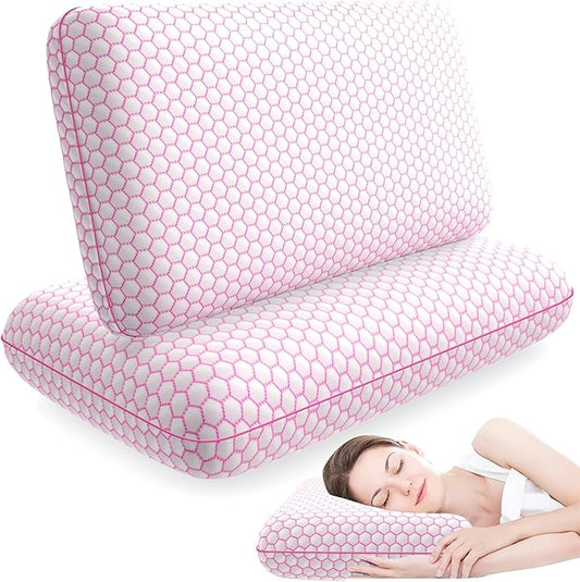 Memory Foam Pillows for Side, Back and Stomach Sleepers, Set of 2, Bed Pillow with Washable Cover and Breathable Mesh, Bed Pillow for Sleeping (Pink,Standard Size)