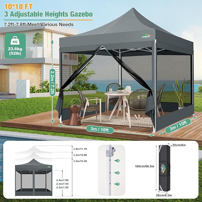 COBIZI 10x10 Canopy Tent, Heavy Duty Pop up Canopy with Sidewalls, Waterproof Easy Setup Tent with Mosquito Netting, Outdoor Instant Screen Tents for Parties, Wedding, Backyard with Carry Bag, Gray