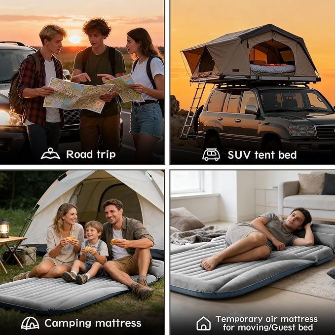 SUV Air Mattress, Double-Sided Thick Flocked Car Air Mattress with Built-in Pump & Pillow, Complete Sleeping Accessories for Auto Camping & Road Trips(Light Grey)