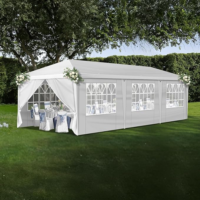 Outvita 10x30ft Ez Pop Up Canopy, Portable Instant Canopy Tent with 8 SideWalls for Outdoor Events, Party, Wedding, Birthday,Graduation White