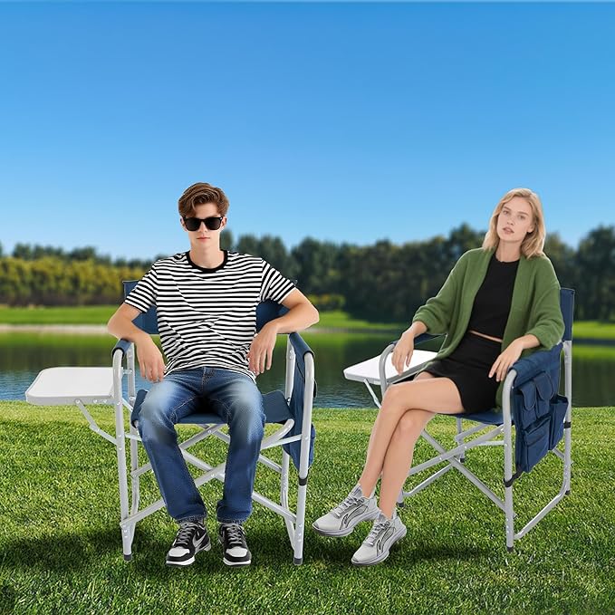 Camping Chair with Side Table & Storage Pockets - Portable Directors Chair Foldable for Outdoor Camping, Lawn, Beach, Fishing, Picnic, Trip (2 Pack) (Blue)