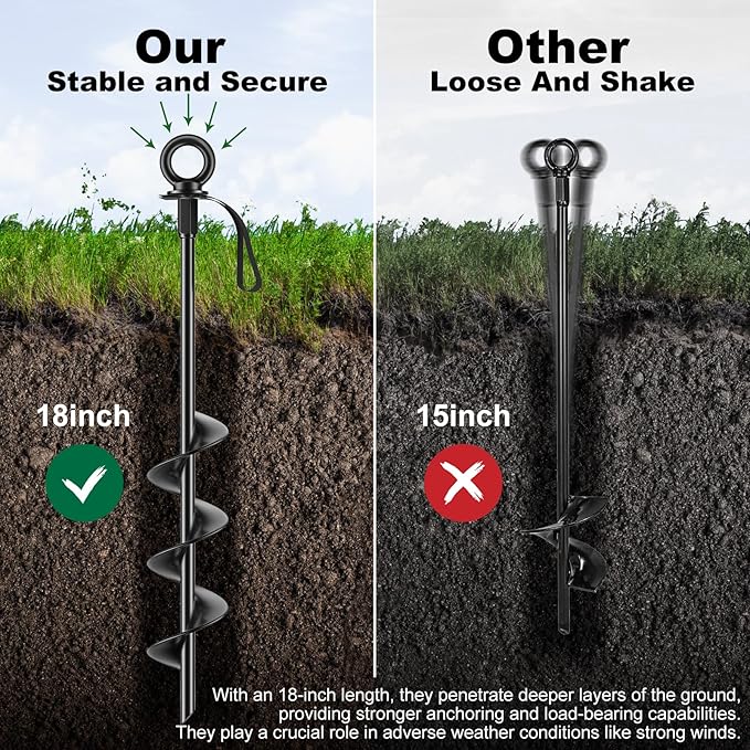 Ground Anchors Heavy Duty Tent Stakes 18 Inch Swing Set Anchors Kit Screw in Fully Welded Spiral Earth Anchors Trampoline Stakes High Wind Metal for Shed Tent Carports Securing Animals Camping 4Pcs