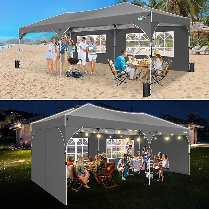 COBIZI 10x20 Pop Up Canopy Tent with 4 Sidewalls, Instant One-Push Setup, Commercial Canopy with Air Vent & Reflective Strip, UPF 50+ Waterproof Party Tent with Sandbags & Stakes for Events (Gray)