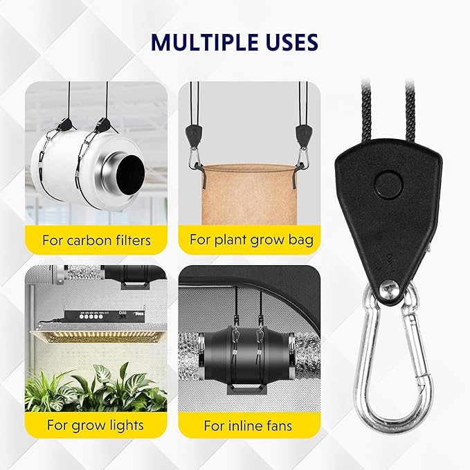 iPower 4-Pair 1/8 Inch Adjustable Rope Hanger, Heavy Duty Grow Light Hangers with Reinforced Metal Gears, 8Ft Long & 150lbs Weight Capacity for Growing Lamp, Inline Fan, Filters