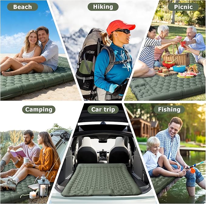 5.1" Thick Double Sleeping Pad with Foot Pump & Pillow, 77.5x53.9 2-Person Air Mattress for Camping, Ultralight & Compact for Backpacking, Hiking, Car Travel,Military Green