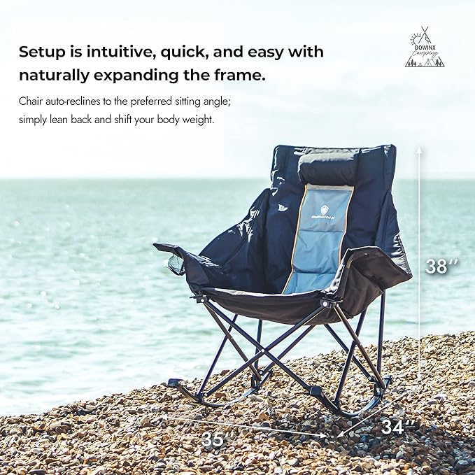 Dowinx Oversized Rocking Camping Chair, Fully Padded Patio Chair with Side Pocket and Carry Bag, High Back Portable Lawn Recliner with Headrest, Support 300 lbs, Grey