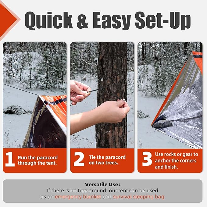 Frelaxy Extra-Thick Emergency Tent, Compact Survival Tent with Whistle, Upgraded Paracord, Storage Pouch, and EVA Case, 2 Person Emergency Shelter for Backpacking, Hiking, Outdoor