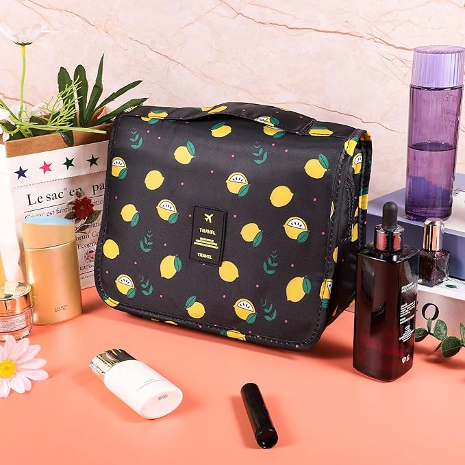 Pengxiaomei Toiletry Bag for Women, Waterproof Hanging Cosmetic Bag Portable Travel Makeup Pouch Multifunction Handle Bathroom Bag for Mothers Day Gifts (Black Lemon)