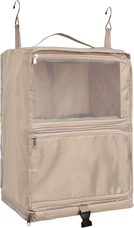 ELEZAY Hanging Packing Cubes Portable Closet 3-Shelf Travel Collapsible Compression Garment Organizer for Carry-on Luggage Suitcase Space Saver Bag X-Large_No Side Pockets, Beige