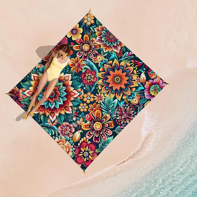 Beach Blanket Waterproof Sandproof, Bohemian Flowers Oversized Extra Large Beach Mat 83"×95"/8 × 7 FT for 1-7 Adults for Picnic Travel Hiking, Quick Drying Lightweight Camping Vacation Essentials