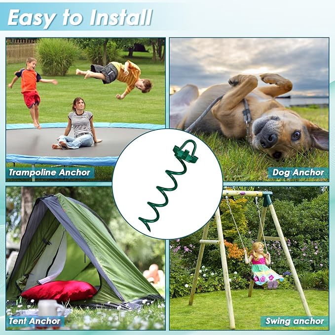 FEED GARDEN 12.2 Inch Spiral Ground Anchors Heavy Duty Screw in Spiral Stakes 4 Pack Folding Ring Ground Stakes for Securing Dogs,Tents, Trampolines, Canopies, Swing Sets,Green