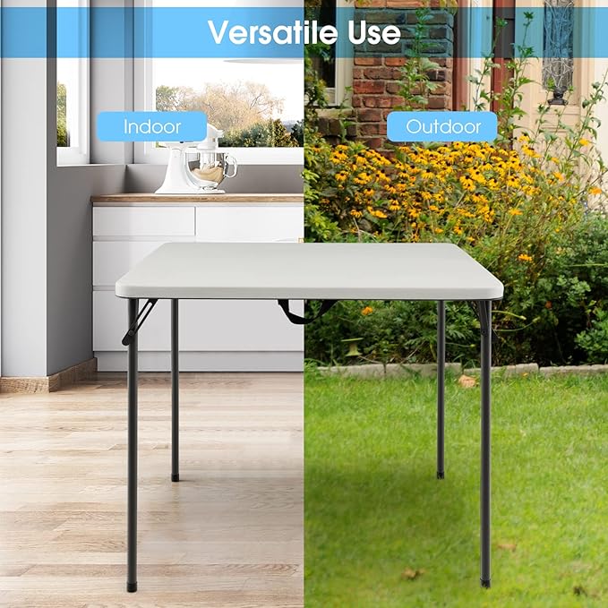 Goplus 34" Square Folding Card Table, Portable with Handle, White Indoor Outdoor Utility Table for Picnic, Party, Dining, Camping, BBQ