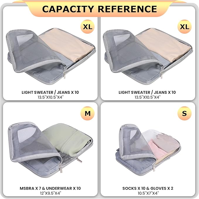4 Set Ultralight Compression Packing Cubes Travel for Suitcases ,Compressible Mesh Packing Cubes for Travel Women Packing Organizers (Gray)