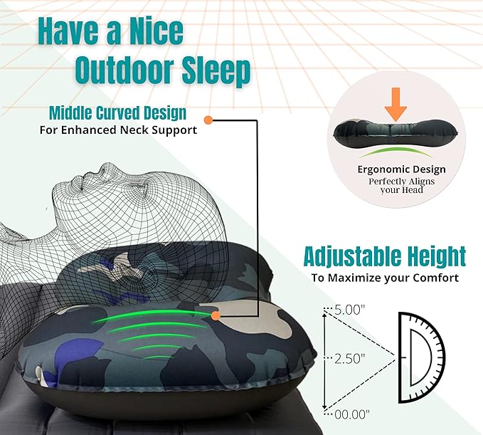 Inflatable Camping and Travel Pillows With Travel Bag, Water-resistant-Compressible Air Pillow for Neck and Back Support-Packable Pillow for Camping-Hiking and Backpacking-Pack of 1-Camouflage