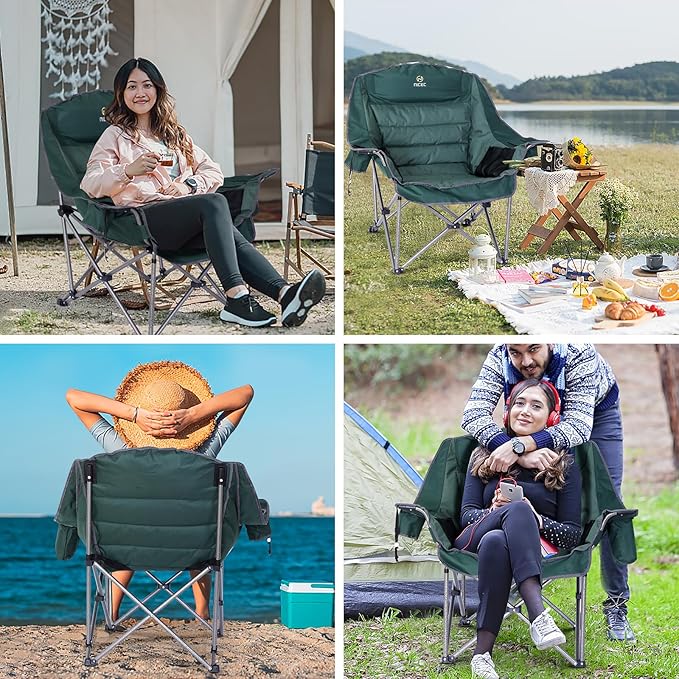 Nice C Camping Chairs, Oversized XL Padded Camping Chair, Outdoor Chair, Lawn Chairs, Lounge Chair, Wide&Thick, Heavy Duty 400lb, Carry Bag, Cupholder & Cooler (Two Green)