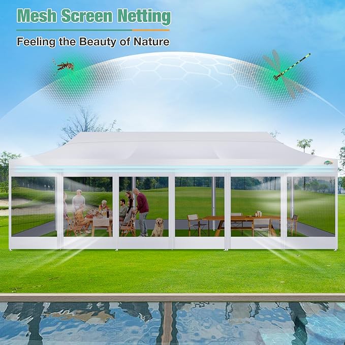 COBIZI 10x30 Canopy Tent, Heavy Duty Pop up Canopy with Sidewalls, Waterproof Easy Setup Canopy with Mosquito Netting, Outdoor Instant Screen Tents for Parties, Wedding with Roller Bag, White