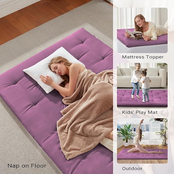 Japanese Floor Futon Mattress Full Size 54"x 80", Foldable Floor Bed Mattress, Portable Tatami Mat Sleeping Pad, Folding Futon Cushion, Roll Up Floor Lounger for Guest Room Dormitory (Purple)