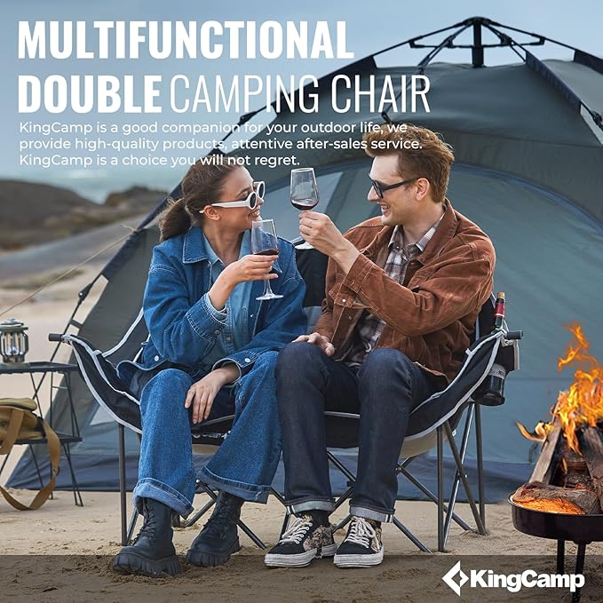 KingCamp Double Camping Chair, Oversized Heavy Duty 550lbs Loveseat for Adults Portable Folding XL 2 Person Couch Padded Comfortable Two Seat with Cup Holder for Outdoor Lawn Backyard, Black/Grey