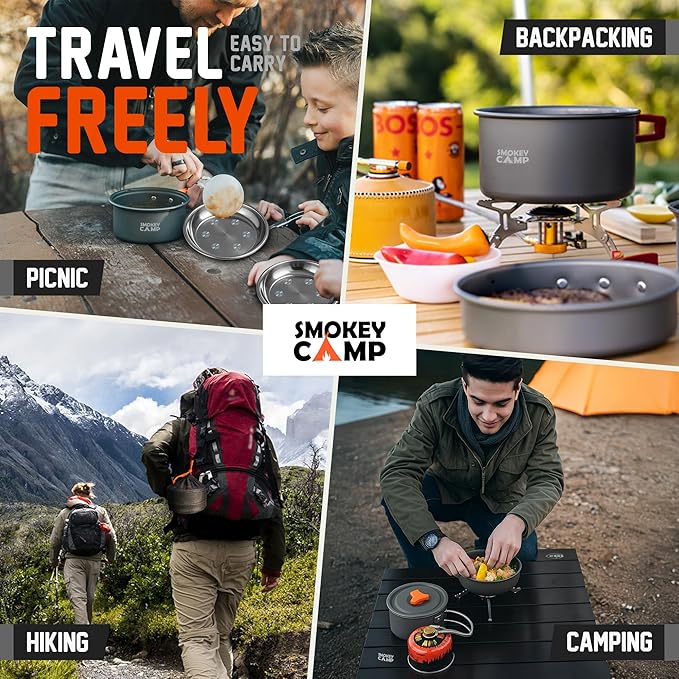 Camping Cookware Mess Kit Set with Stove - Backpacking Camping Pots and Pans Set, All in One Non-Stick Camping Cooking Set, Portable Stove, Hiking, Picnic, Outdoor & Camping Cookware Set