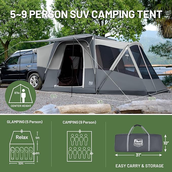 TIMBER RIDGE 5-9 Person SUV Tent with Screen Porch and Awning for Family Camping, Weather Resistant and Portable Van or Car Tent, Includes Rainfly and Storage Bag, 13' W X 10' L X 7.1' H