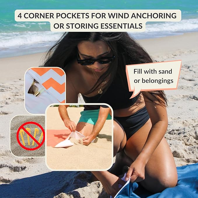 Plush Microfiber Beach Blanket, Extra Large Beach Mat for 3-6 Persons, Sandproof, Windproof | Hole for Umbrella, Corner Sand Pockets to Fight Wind (Bag for Blanket Included)