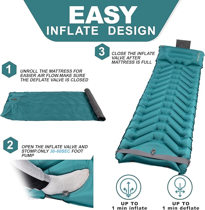 Double Sleeping Pad with Pillow, Self Inflating Extra-Thick, Ultralight Sleeping Mat, Built-in Pump, Ultimate for Camping, Hiking, Traveling, Airpad, Carry Bag, Compact & Lightweight Air Mattress