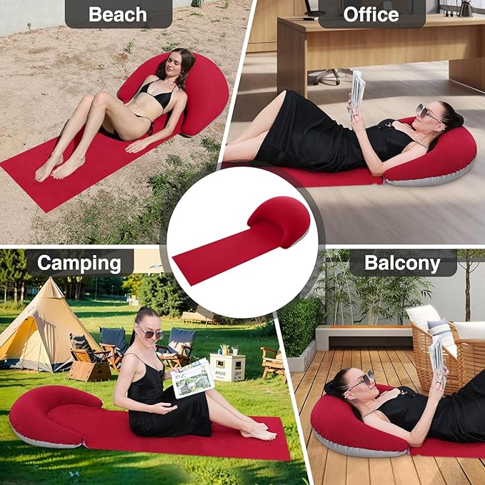Beach mat with Inflatable Pillow, Portable mat, 70X30Inch (Red)