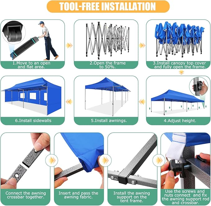 COBIZI 10x30 Pop Up Canopy Tent with Awning,Heavy Duty Canopy UPF 50+ All Season Wind Waterproof Commercial Outdoor Street Vendors Party Tents for Parties Canopy with Roller Bag(10 x 30 ft Blue)