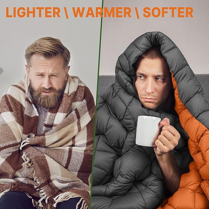 Down Puffy Blanket for Car Camping Outdoor Travel Backpacking, Duck Down Lightweight Portable Soft Warm Cozy Camping Blanket Quilt, 53"x78", Light Gray