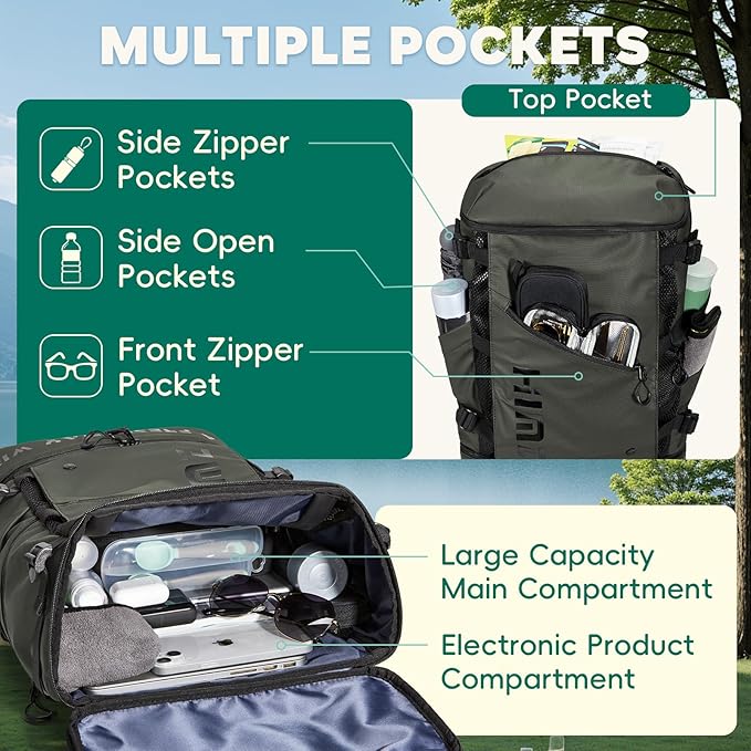 Camping Backpack with Lunch Compartment, Water Resistant Mens Backpack Insulated for Work, 17 inch Laptop Bag, Carry On Backpacks for Airplane Beach Travel, Green