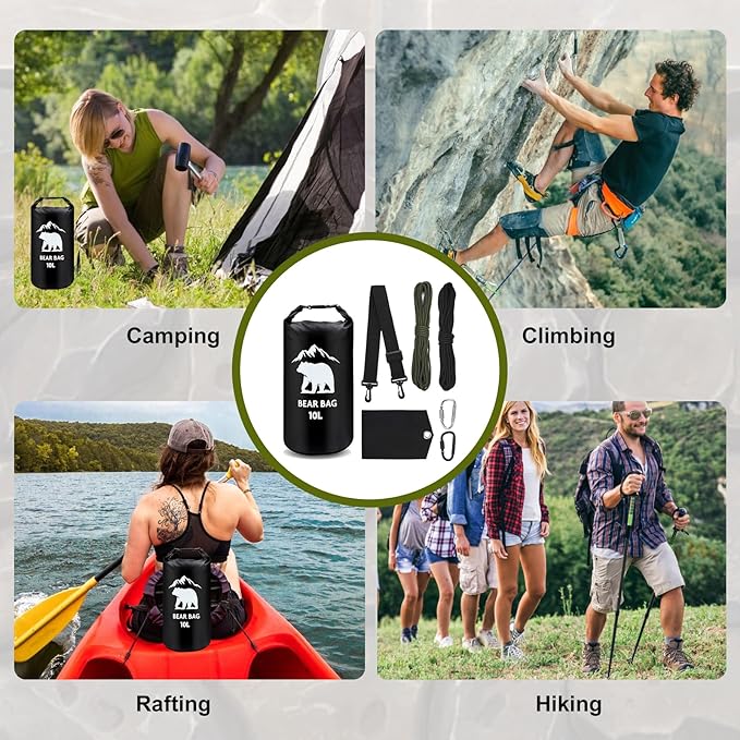 1 Set Bear Bags for Food Backpacking 10L Bear Food Bag Hanging System Bear Proof Food Storage Includes Waterproof Bear Bag, Rock Pouch, Hooks and Nylon Ropes for Camping Hiking (10 L, Black)