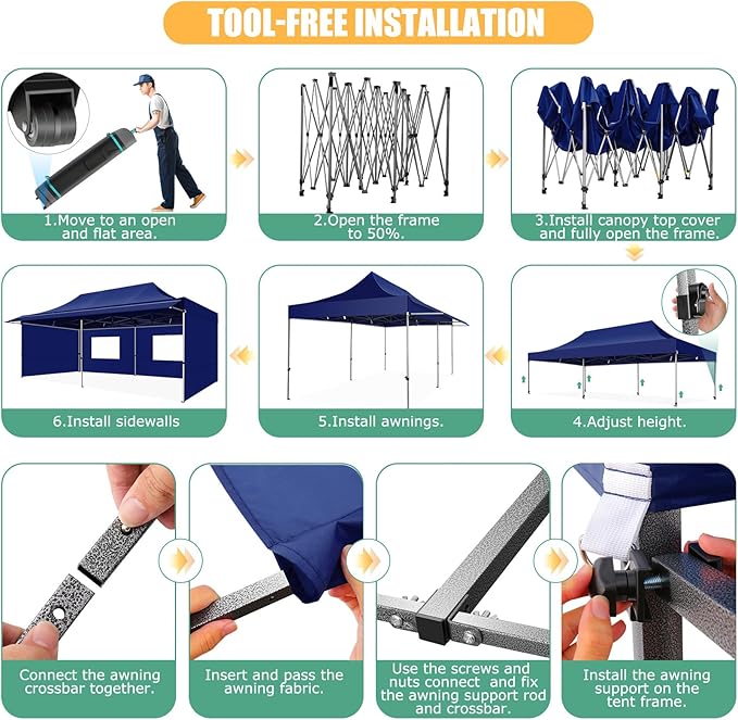 COBIZI 10x20 Pop Up Canopy Tent with Awning,Heavy Duty Canopy UPF 50+ All Season Wind Waterproof Commercial Outdoor Street Vendors Party Tents for Parties Canopy with Roller Bag(10 x 20 ft Dark Blue)
